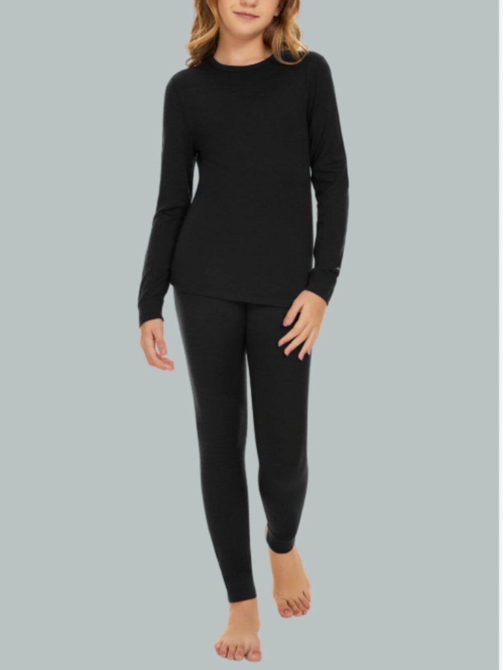 IGUANA Kid's Unisex Merino Wool Base Layer Set Thermal Top & Bottom Black 11-12